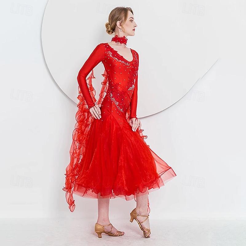 Women's Ballroom Dance Dress Modern Waltz Tango Dancing Clothes Long Sleeve Competition Performance Dance Dress4