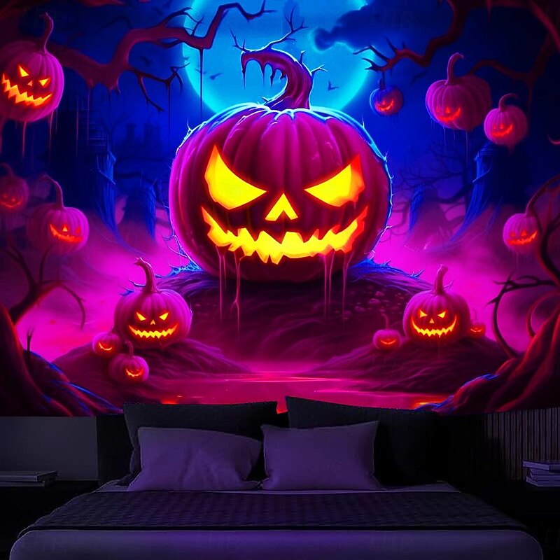 Halloween Decorations Carved Pumpkin Blacklight Tapestry UV Reactive Glow in the Dark Forest Trippy Mountain Misty Zombie Ghost Hanging Tapestry Wall Art Mural for Living Room Bedroom2