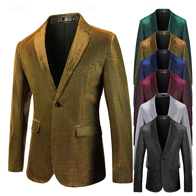 Men's Blazer Formal Evening Casual Daily Sweet All Seasons 65%Cotton 35%Polyester Solid / Plain Color Sequins Casual Wedding Single Breasted Blazer Silver Black Red Blue