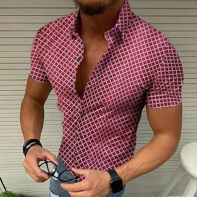 Men's Geometric Pattern Lattice Shirt Short Sleeve Designer Beach Casual Summer Turndown Print Black White Red Blue Green3
