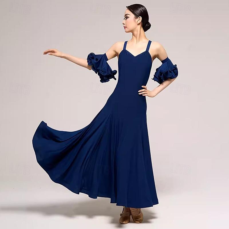 Ballroom Dance Dress Pure Color Splicing Women's Performance Party Sleeveless Crystal Cotton3