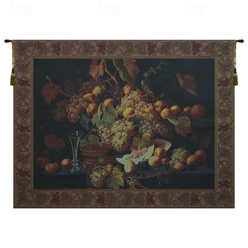 Jacquard Woven Tapestry Gobelin Aubusson Wall Art Hanging Large Tapestry Reproduction Loom Cotton Weave Grape Feast Belgian Tapestry (without tassels and rod)3