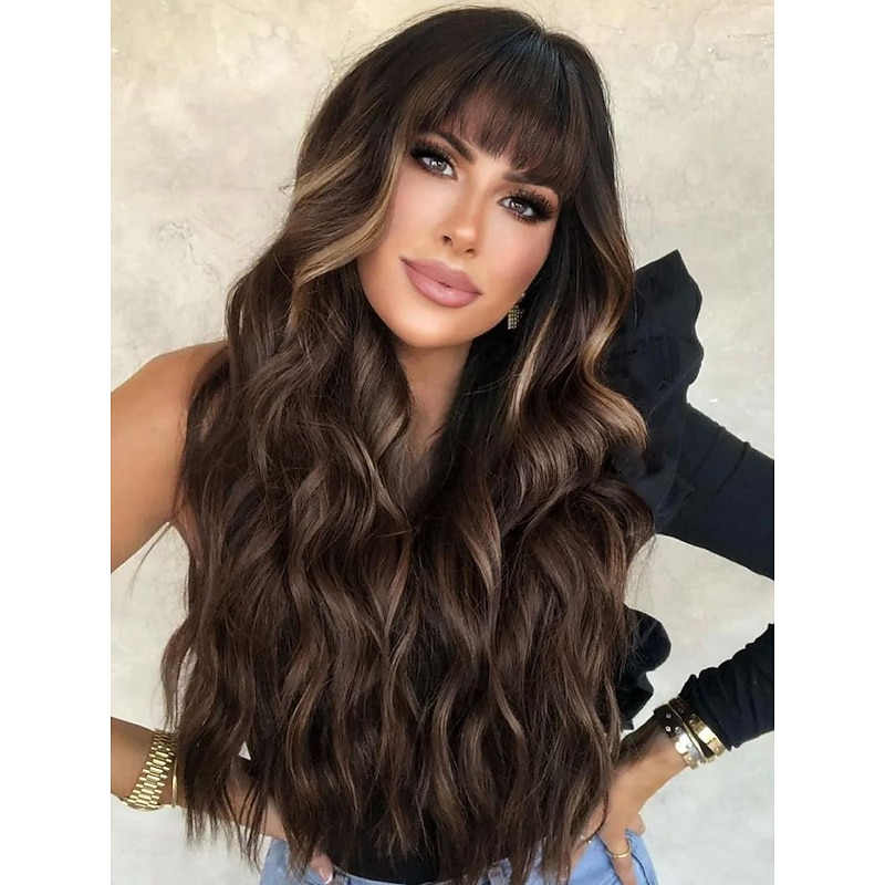 Brown Wig with Bangs for Women Long Wavy Hair Wig Brown Highlight Wig Curly Wavy Synthetic Wigs for Girls Daily Party Use Halloween Wigs