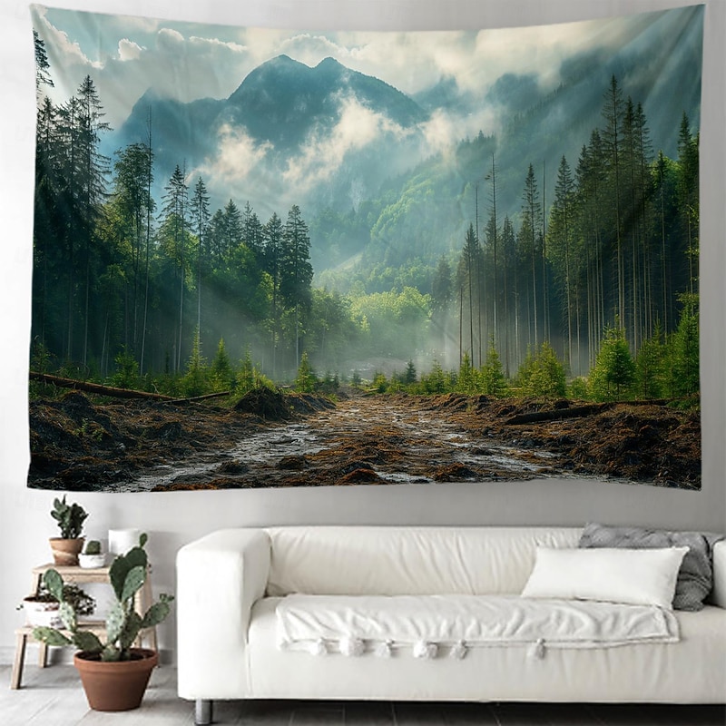 Misty Forest Landscape Hanging Tapestry Wall Art Large Tapestry Mural Decor Photograph Backdrop Blanket Curtain Home Bedroom Living Room Decoration4