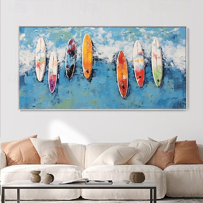 Hand Painted Custom Colored Surfboard oil painting handmade Summer Surfing Swimming Party painting Abstract Blue Ocean Seascape Canvas oil painting Wall Art painting for Home Decor Gift3