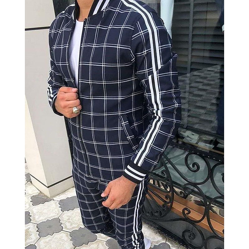 Men's Tracksuit Jogging Suit Drawstring Pocket Plaid Checkered Athletic Clothing Set Spring White Navy Blue Gym Workout Jogging Running Soft Breathable Long Sleeve Sport Activewear Micro-elastic3