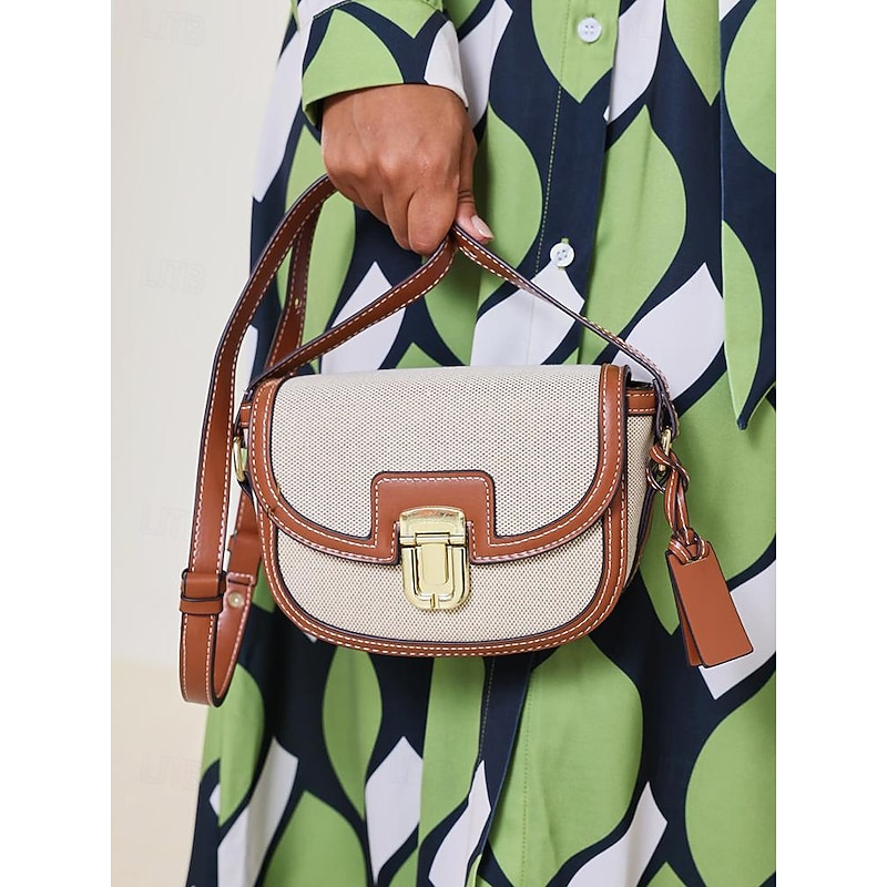 Women's Crossbody Bag – Vintage Leather Trim Small Shoulder Purse with Buckle Closure – Beige and Brown, Ideal for Daily Use and Travel4