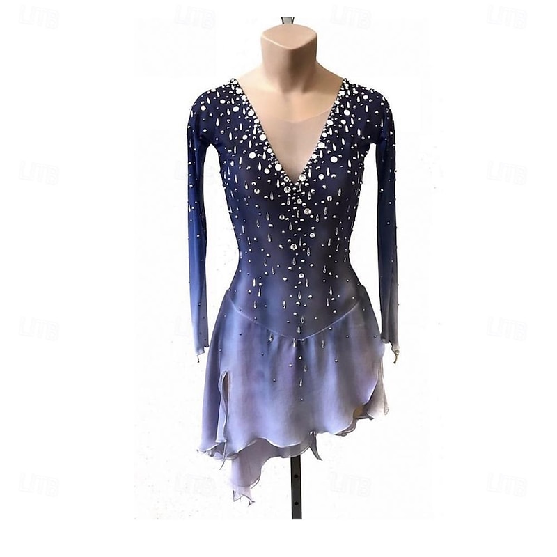 Figure Skating Dress Women's Ice Skating Skirt Dress Purple Thumbhole Open Back Spandex High Elasticity Professional Competition Skating Wear Thermal Warm Classic Crystal / Rhinestone Long Sleeve Ice