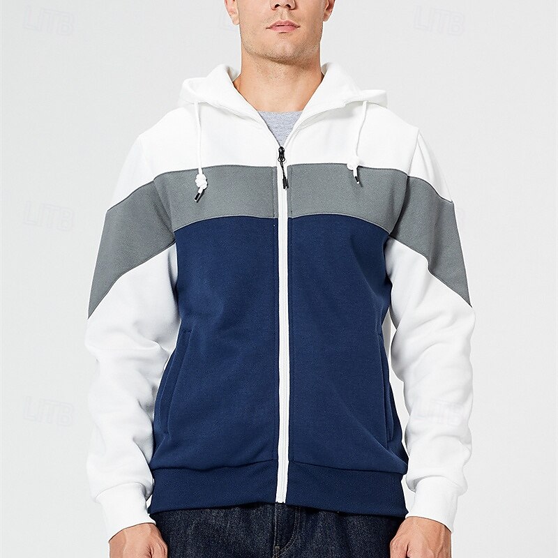 Men's Full Zip Hoodie Zip Up Hoodie White Red Blue Khaki Hooded Color Block Zip Up Patchwork Pocket Sports & Outdoor Daily Holiday Polyester Streetwear Basic Casual Fall & Winter Clothing Apparel2