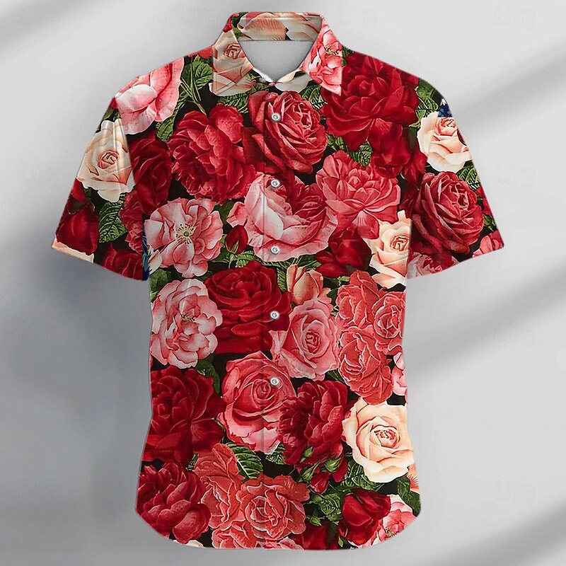 Men's Rose Floral Tropical Flowers Shirt Summer Hawaiian Shirt Button Up Shirt Short Sleeve Shirt Turndown Casual Vacation Party Evening Wear Daily Rose Red S M L