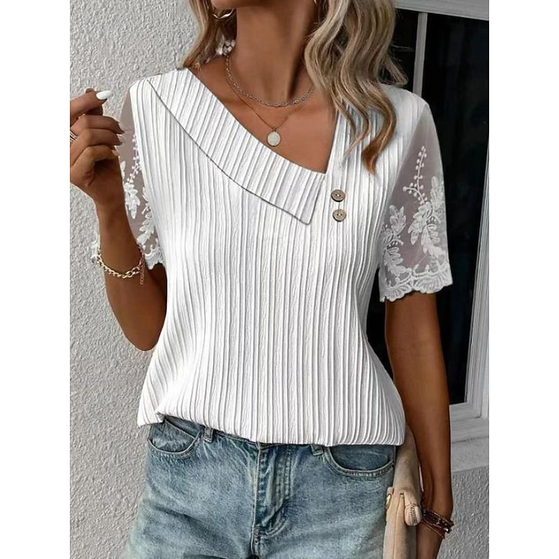 Women's White Elegant Lace Tops Eyelet Blouse Dressy Tops Lace Buttons Short Sleeve Asymmetrical Daily Romantic Petite Tops Summer Holiday Wear White Pink Blue Semi Formal Blouses