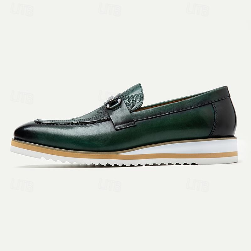 Men's Green Leather Loafers - Stylish Slip-On Dress Shoes with Metal Buckle Detail and White Sole for Business, Formal Events, and Casual Outings4