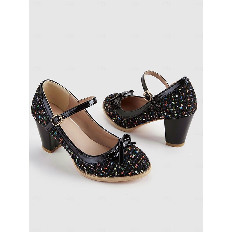 Women's Black Tweed Mary Jane Pumps with Bow - Chunky Heel Shoes for Office and Party Wear2