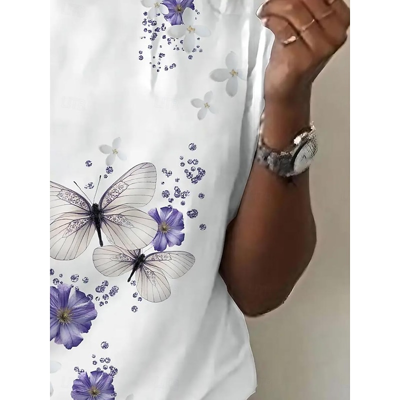 Women's T Shirt Floral Butterfly Stylish Casual Short Sleeve Crew Neck Regular Tops Daily Print White Summer3