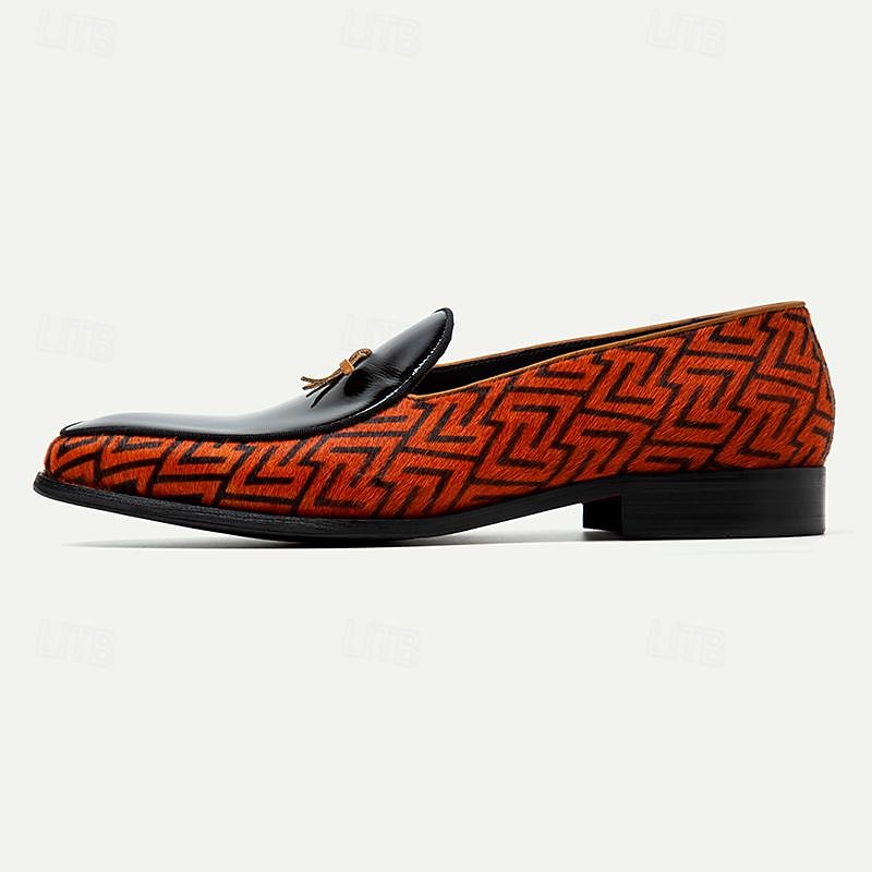 Men's Designer Patterned Leather Loafers - Stylish Flat Dress Shoes with Unique Orange and Black Design for Formal and Casual Outings4