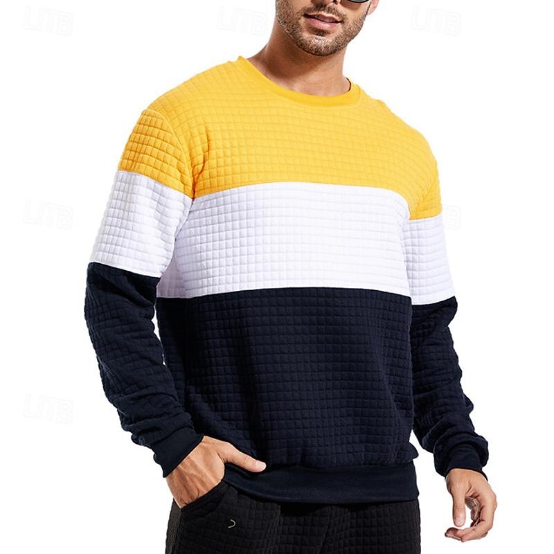 Men's Sweatshirt Black White Yellow Wine Army Green Crew Neck Color Block Patchwork Ribbed Textured Sports & Outdoor Daily Holiday Polyester Streetwear Basic Casual Spring &  Fall Clothing Apparel2