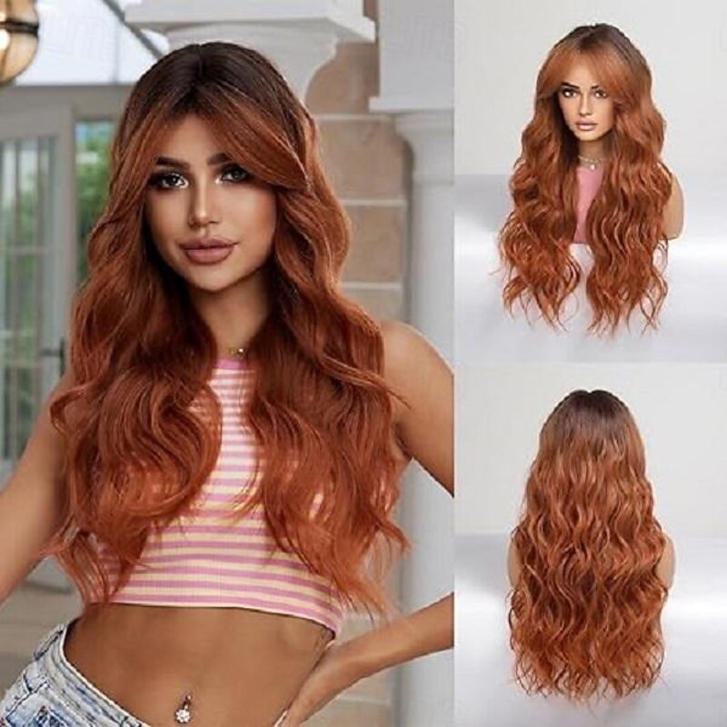 Wavy Wig With Bangs For Women 26 Inch Highlight Wig Natural Looking Heat Resistant Premium Fiber Synthetic Wig Halloween Cosplay Party Wigs