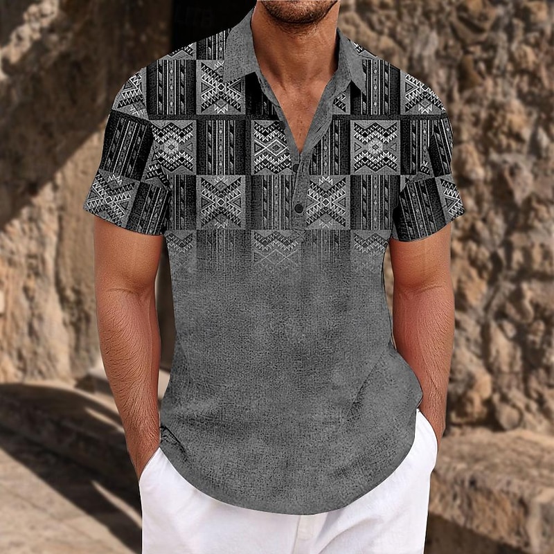 Men's Ethnic Shirt Button Up Shirt Short Sleeve Casual Tribal Daily Holiday Summer Spring Turndown 3D Print Button-Down Blue Brown Gray3