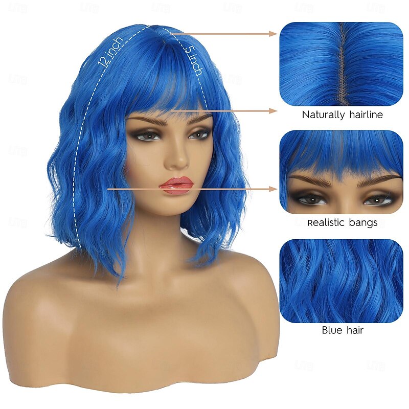Short Wigs for Women Wavy Bob Wig with Bangs Medium Length Synthetic Hair Water Wave Dark Roots Wig Halloween Cosplay Party Wigs4