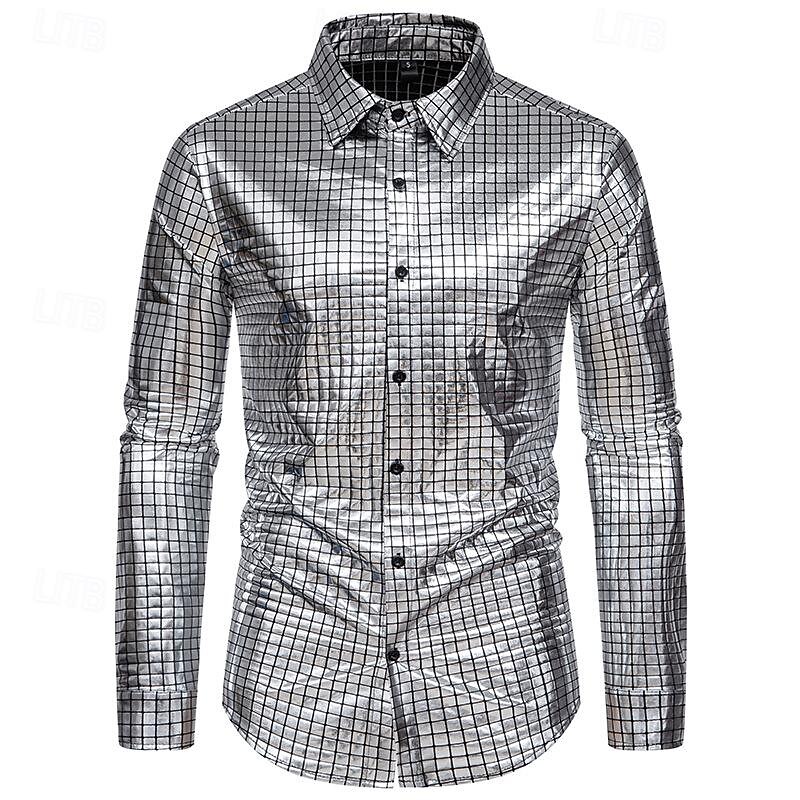Disco 1980s Shiny Metallic Blouse / Shirt Masquerade Disco Plaid Checkered Fancy Dress Men's Carnival Costume Masquerade Party / Evening Pride Parade Pride Month Adults' Shirt2