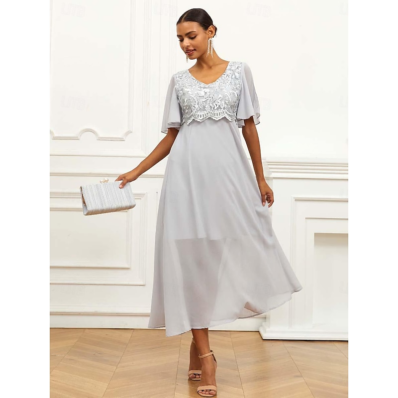 Women's Wedding Guest Cocktail Dress Lace Ruffle V Neck Flounce Sleeve Short Sleeve Maxi Dress Party Elegant Formal Gray Summer4