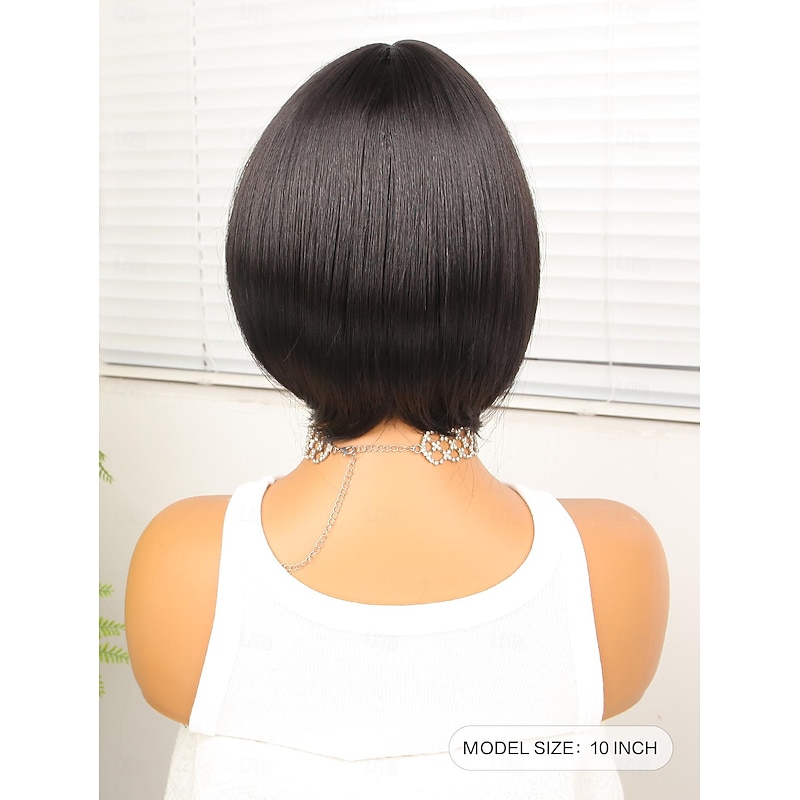 Synthetic Wig Natural Straight Bob Neat Bang Wig 10 inch Black Synthetic Hair Women Black3