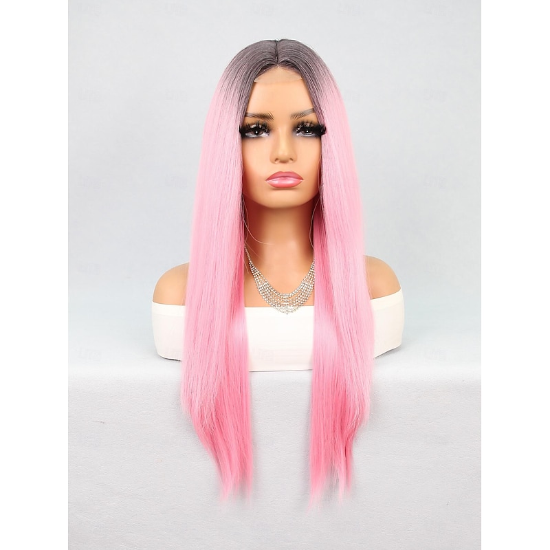 Synthetic Lace Wig Straight Style 26 inch Pink Middle Part U Part Wig Women's Wig Light Pink2