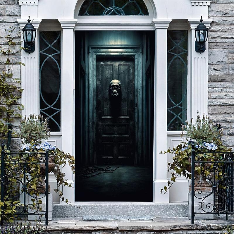 Halloween Door Decorations Skull Halloween Door Covers Door Tapestry Door Curtain Decoration Backdrop Door Banner for Front Door Farmhouse Holiday Party Decor Supplies Skeleton