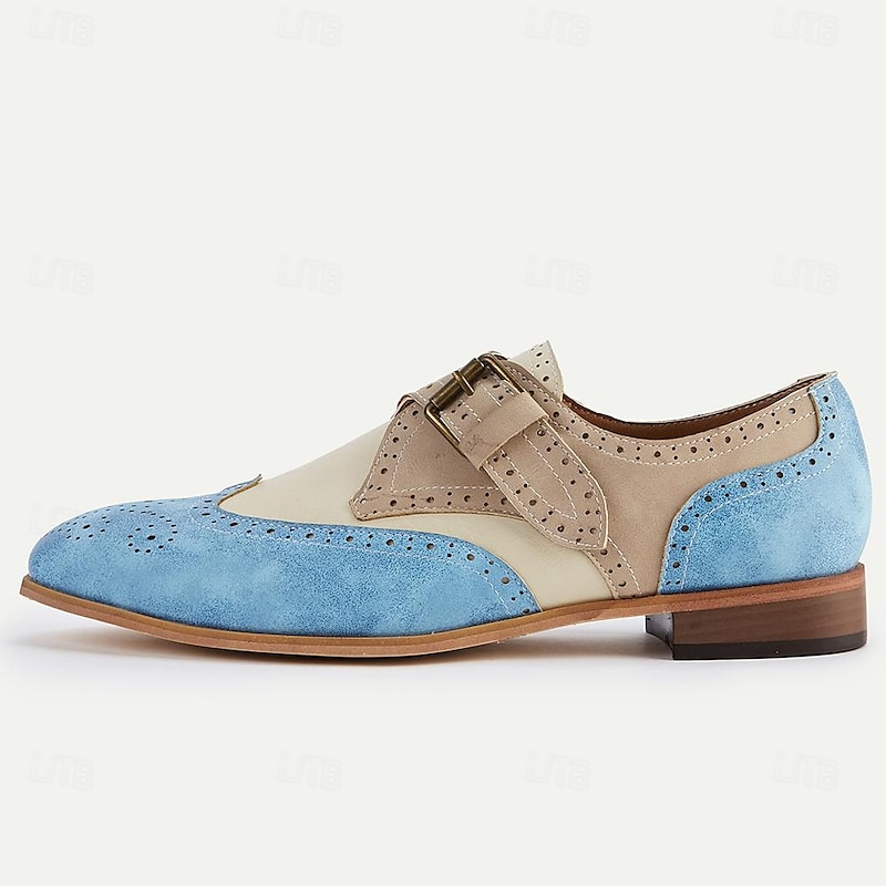 Men's Vintage-Style Two-Tone Suede and Leather Oxford Shoes with Brogue Detailing and Buckle Strap - Perfect for Formal and Semi-Formal Occasions3