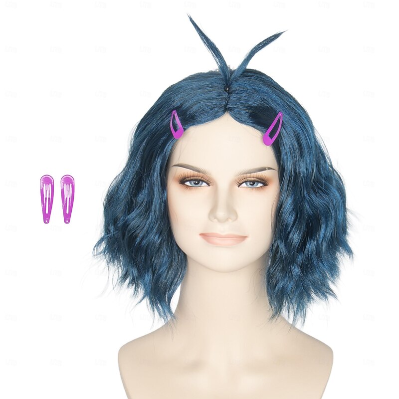 Inside Out 2 Envy Wig Short Wavy Deep Blue Wig with Hairpins Center Part Women Girls Emotions Anime Cosplay Wig (Only Wigs) Halloween Wigs