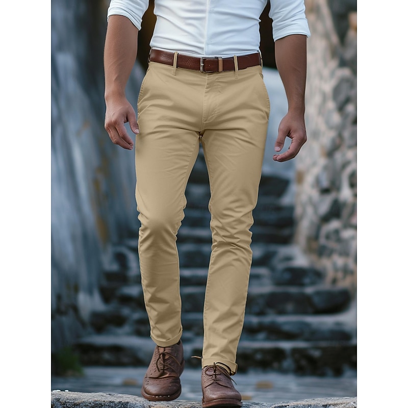 Men's Trousers Chinos Chino Pants Buttons Front Pocket Plain Comfort Business Daily Holiday Fashion Chic & Modern Black White Micro-elastic2