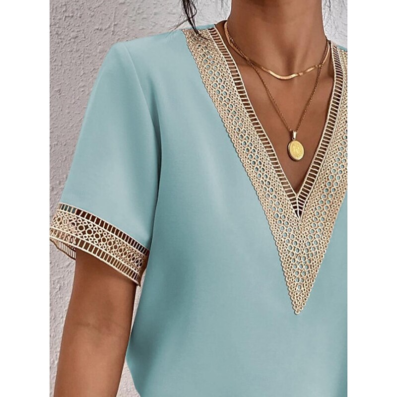 Women's Elegant Lace Tops Eyelet Blouse Lace Work Stylish Modern Short Sleeve Romantic Petite Tops Summer Holiday Wear Black Summer Spring Semi Formal Blouses2