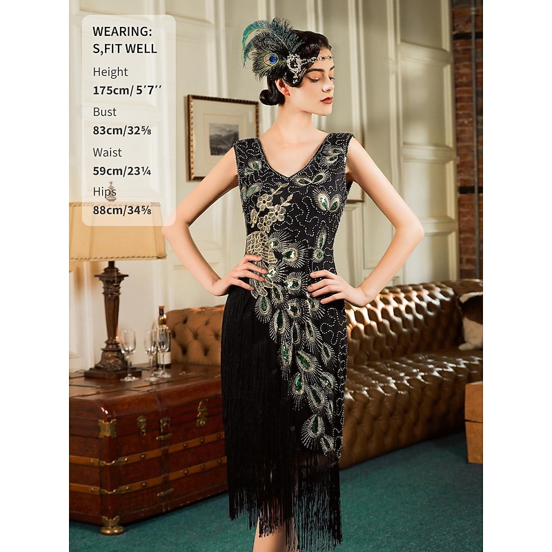 Retro Vintage Roaring 20s 1920s Flapper Dress Flapper Headband The Great Gatsby Flapper Girl Wedding Guest Sequins Tassel Fringe Feather Fancy Dress Women's Wedding Party Dress Club Adults' Dress3