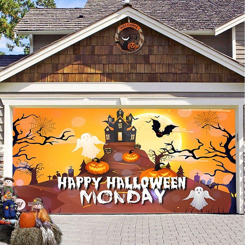 Halloween Door Decorations Halloween Garage Door Cover Pumpkins Jack O Lantern Outdoor Banner Ghost Bats Large Backdrop Decoration for Holiday Out door Decorations Door Home Wall Decorations 23