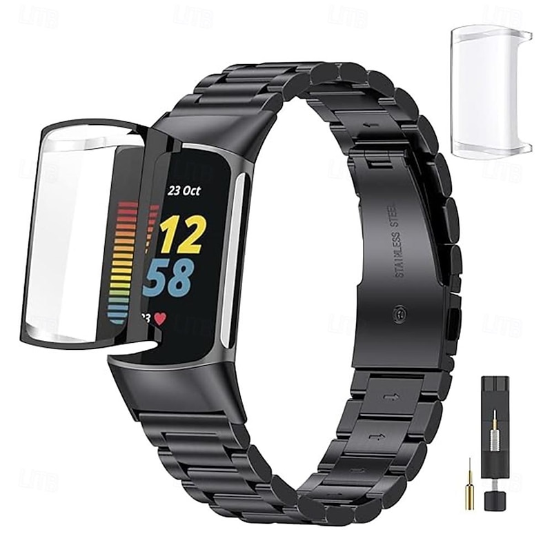 Smart Watch Band Compatible with Fitbit Charge 6 / Fitbit Charge 5  Stainless Steel Smartwatch Strap with Removal Tool Sport Band Replacement Wristband with Fitbit Charge 6