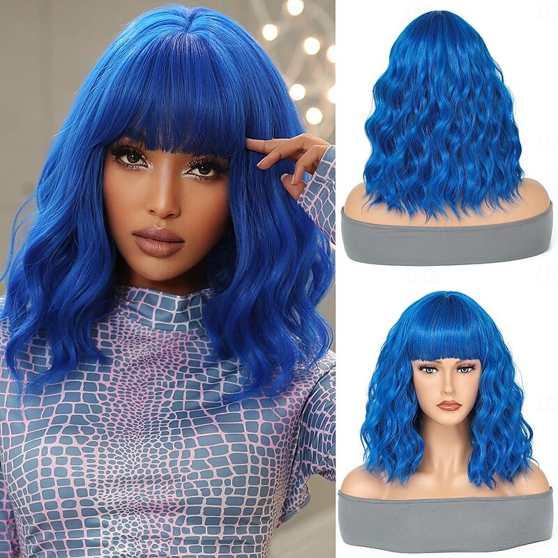 Bob Wig Short Bob Wavy Wig with Bangs for Women Loose Curly Shoulder Length Wig Synthetic Wig Cosplay Wig for Girl Daily Use Colorful Wig Cosplay Wigs