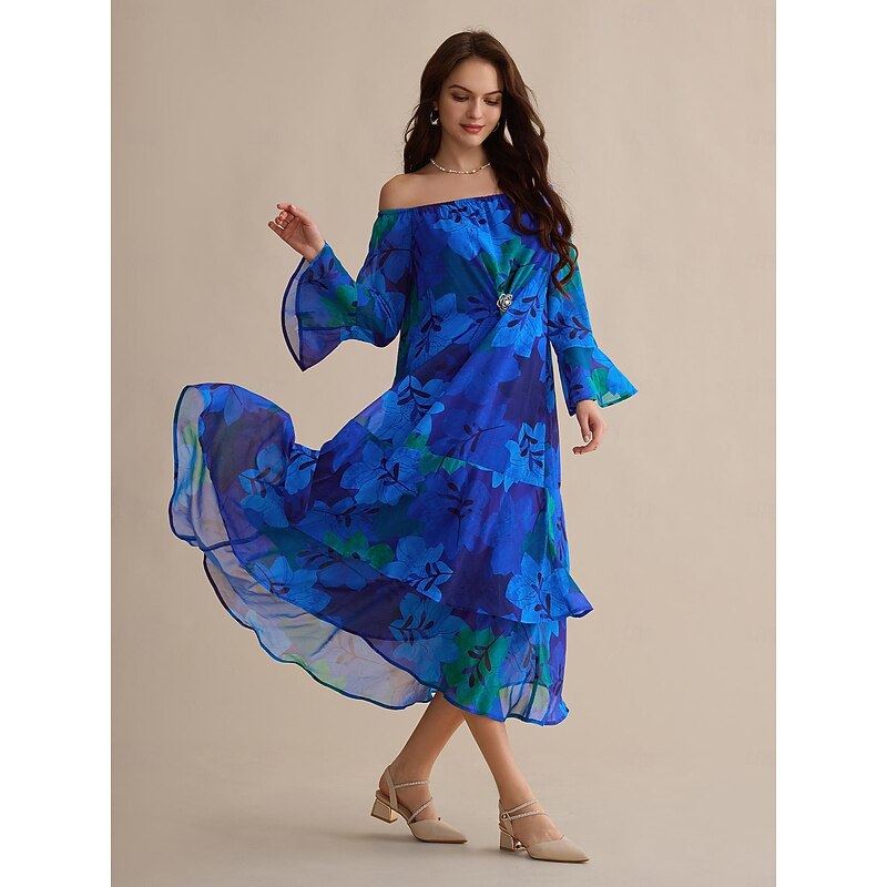 Chiffon Wedding Guest Royal Blue Floral Off Shoulder Long Sleeve Maxi Dress4