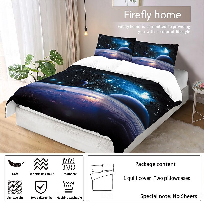 Galaxy Starry Sky Planet 3-Piece Down Duvet Cover Set for Hotel Bedroom Guest Room Guestroom Bedding Comfortable Set4
