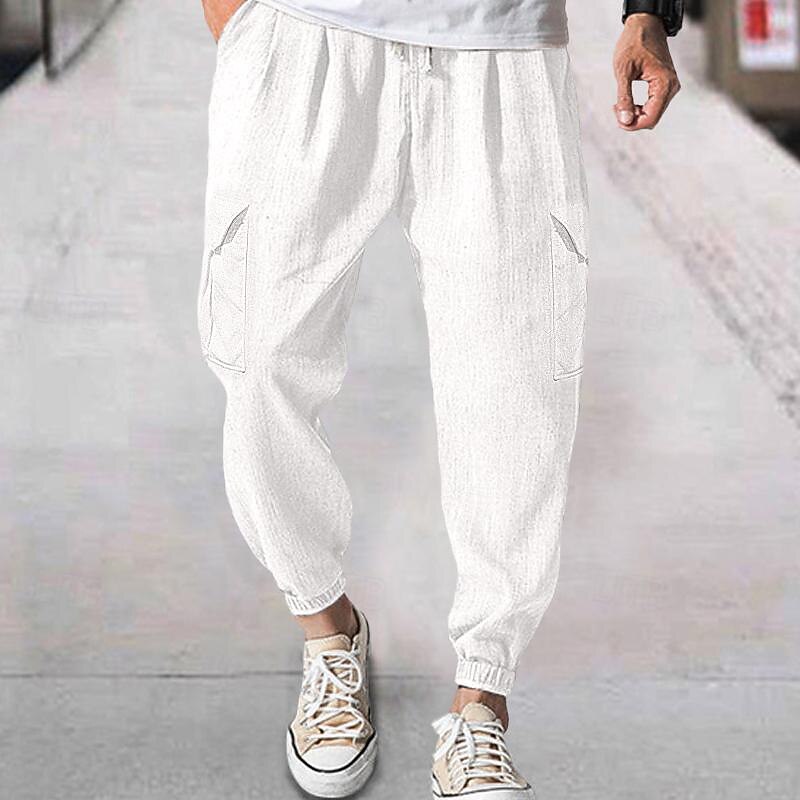 Men's Linen Pants Cargo Joggers Trousers Summer Pants Beach Pants Drawstring Elastic Waist Multi Pocket Plain Comfort Breathable Casual Daily Holiday Fashion Classic Style Black White3