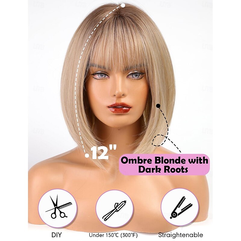 Blonde Short Bob Wig with Bangs for Women Synthetic Wig Halloween Cosplay Party Wigs3
