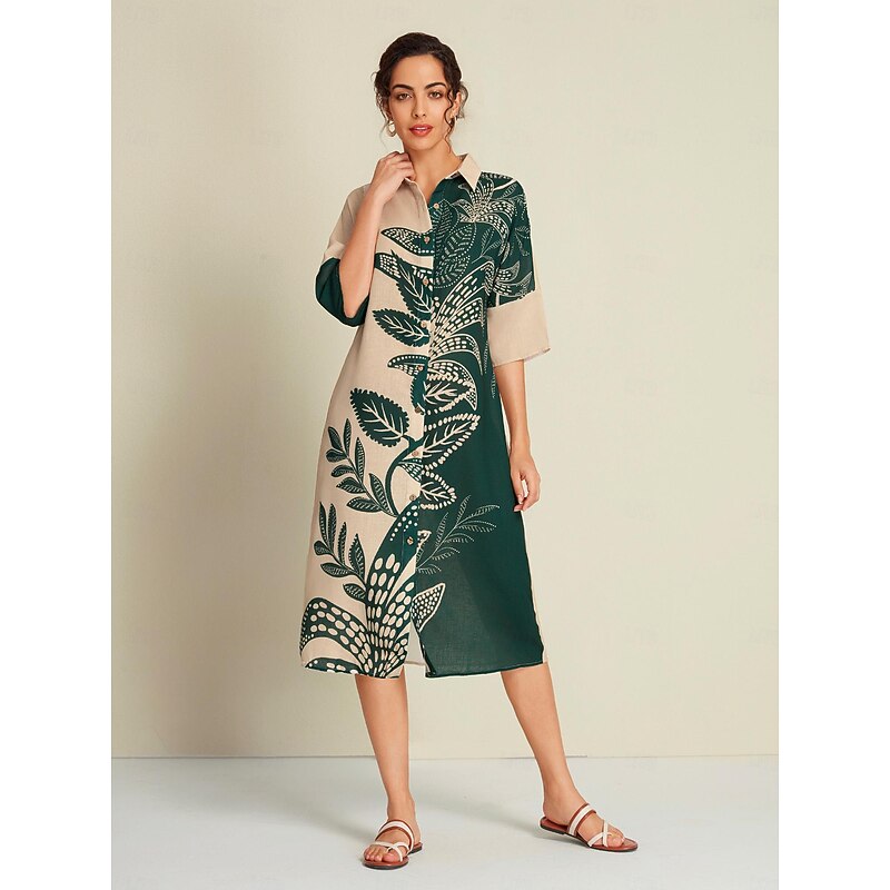 Leaf Print Half Sleeve Midi Shirt Dress4