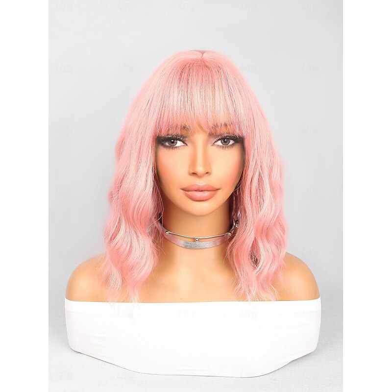 Synthetic Wig Bouncy Curl Neat Bang Wig 12 inch Pink Synthetic Hair Women's Pink Halloween Wigs2