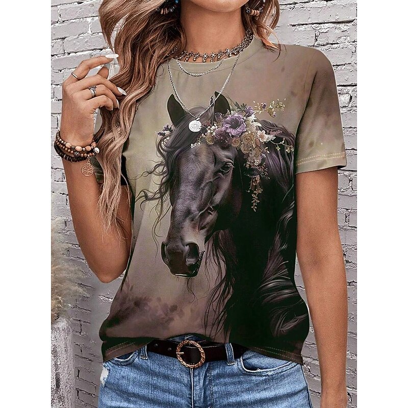 Women's T Shirt Casual Ombre Horse Print Short Sleeve Regular Tops Crew Neck Daily Light Brown Summer