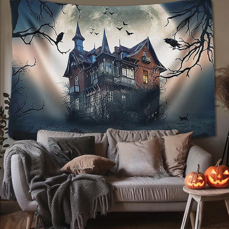 Halloween Decorations Tapestry Jack O Lantern Pumpkin Decor Wall Art Large Hanging Tapestry Mural Decor Photograph Backdrop Blanket Curtain Home Bedroom Living Room Skull Skeleton Bat Graveyard 13
