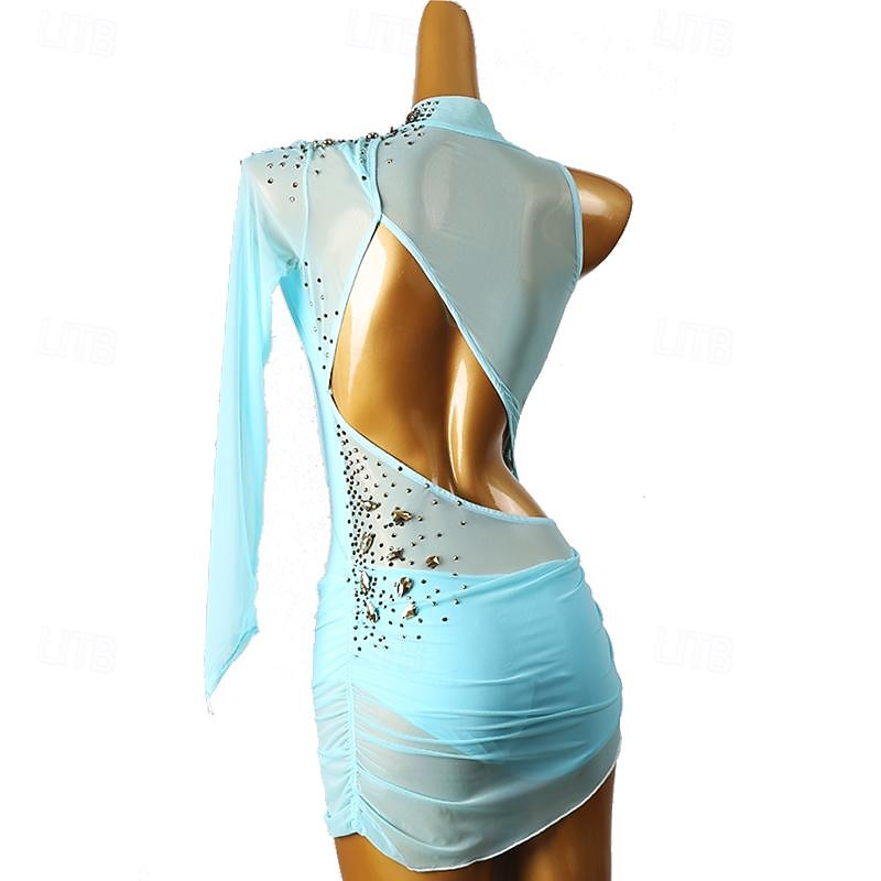 Figure Skating Dress Women's Girls' Ice Skating Dress Violet Sky Blue Patchwork Open Back Mesh High Elasticity Training Competition Skating Wear Classic Long Sleeve Ice Skating Figure Skating4