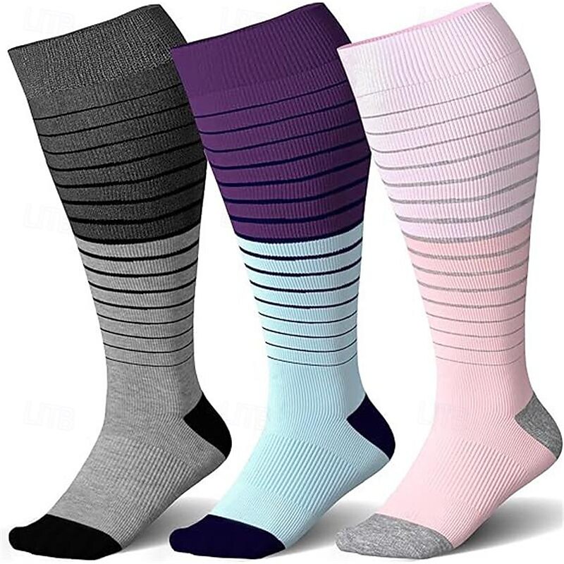 Plus size Compression Socks Athletic Sports Socks Running Socks 1 Pair Stripe Tube Socks Breathable Sweat wicking Comfortable Gym Workout Running Jogging Skateboarding Cycling Sports Stripes Nylon