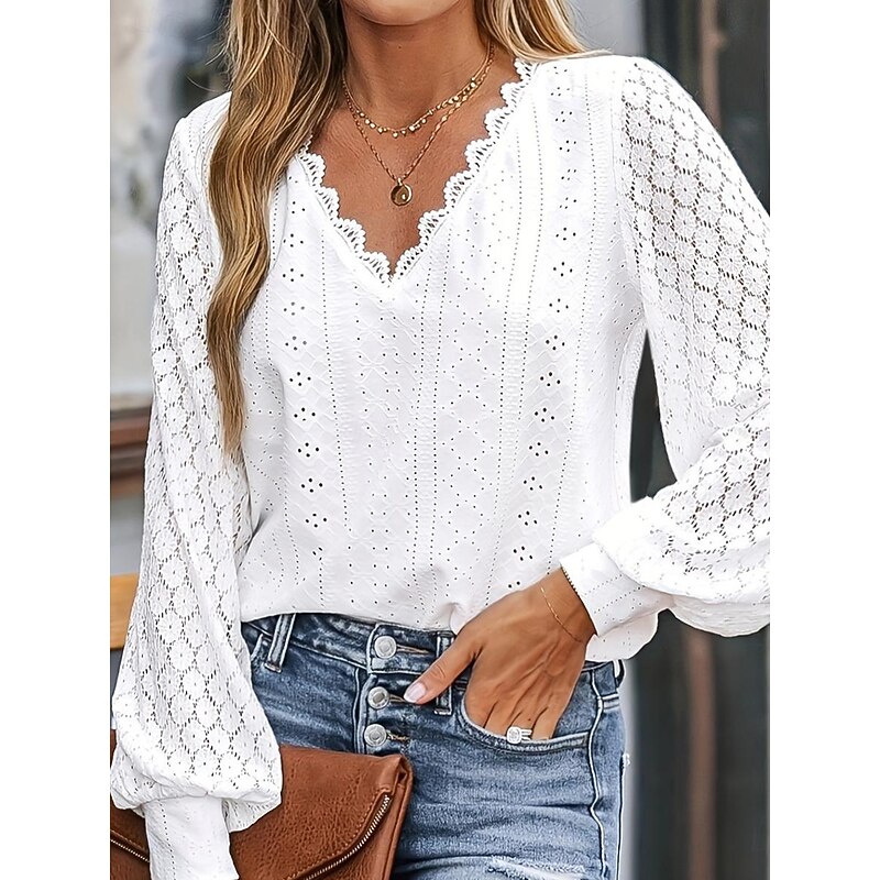Women's Shirt Lace Shirt Blouse Bohemia Stylish Lace Long Sleeve Regular Tops V Neck Daily White Summer Spring Fall4