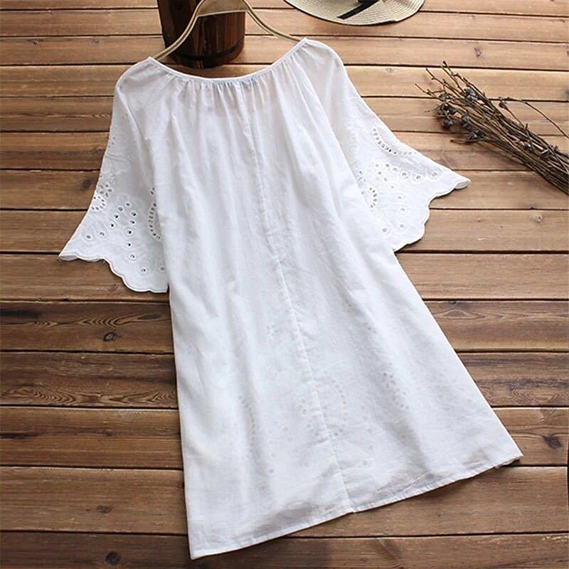 Women's Shirt Linen-Inspired Shirts Blouse Plain Fashion Round Neck Street Daily Lace up Lace White Yellow Pink Green Summer4