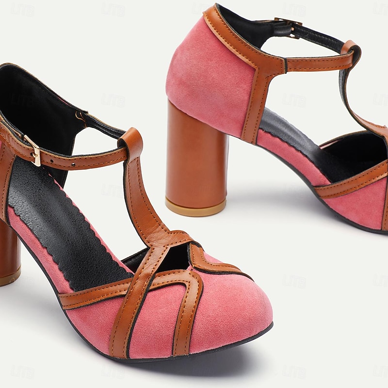 Women's Elegant Pink and Brown Suede T-Strap Chunky Heel Pumps for Vintage and Retro Style4