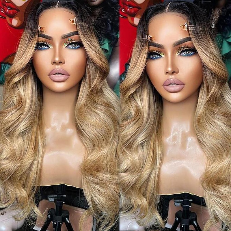 Human Hair 13x4 Lace Front Wig Middle Part Brazilian Hair Wavy Blonde Multi-color Wig 130% 150% Density Ombre Hair Natural Hairline 100% Virgin Glueless Pre-Plucked For Women Long Human Hair Lace Wig